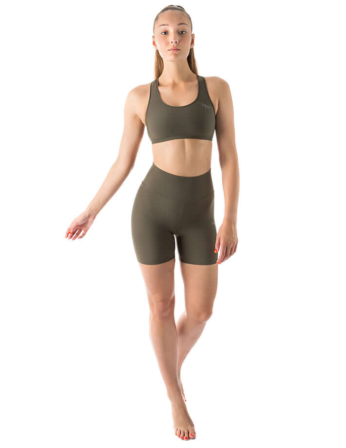 Mörk khaki korta leggings med hög midja i mjukt, stretchigt material.