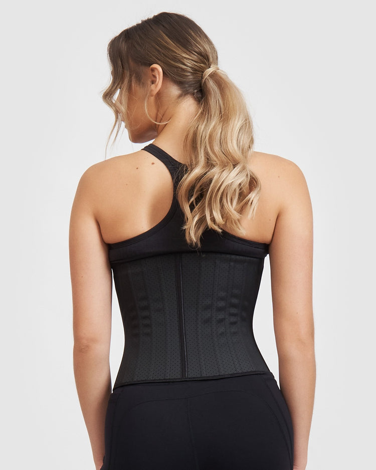Svart midjetränare med 25 flexibla stålstavar och justerbara spännen, slimmat fitnessdesign.