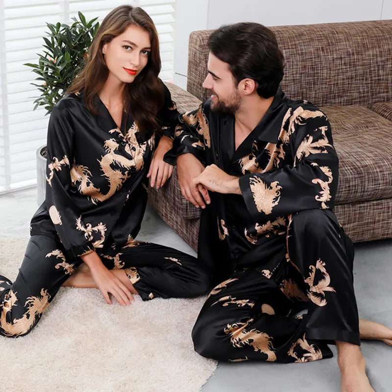 Couple Silk Satin Pajamas Pyjamas Set Long Sleeve