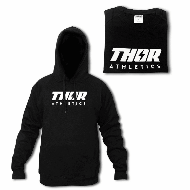 Svart hoodie med vit THOR Athletics-logotyp, mjuk bomullsmix, ribbade muddar och luva.