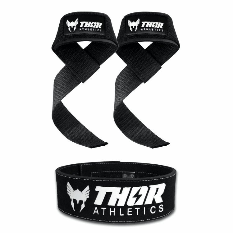 Svart lyftband och bälte med vit Thor Athletics-logotyp, elastiskt och slitstarkt material.