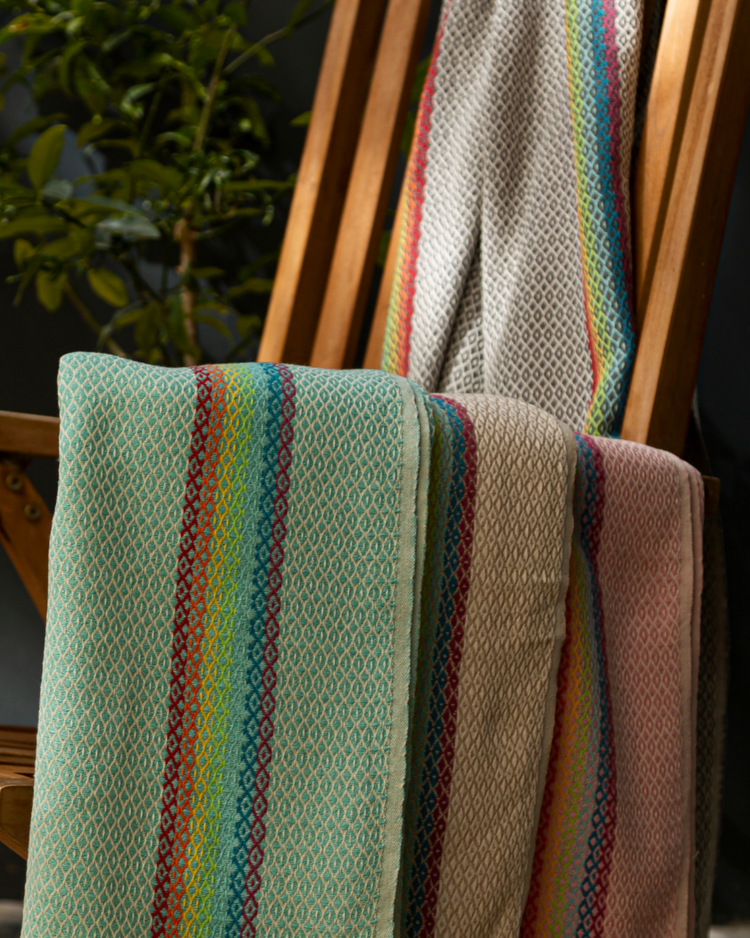 Mjuk turkisk hammamhandduk i mörkgrå med regnbågsfärgade ränder och vävd struktur.