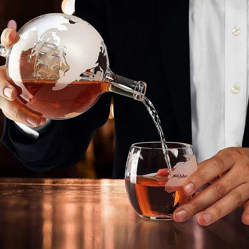 Creative Globe Decanter Set With Lead-Free Carafe Exquisite Wood-Stand and 2 Whisky Glasses Whiskey Decanter Globe Grade Gift