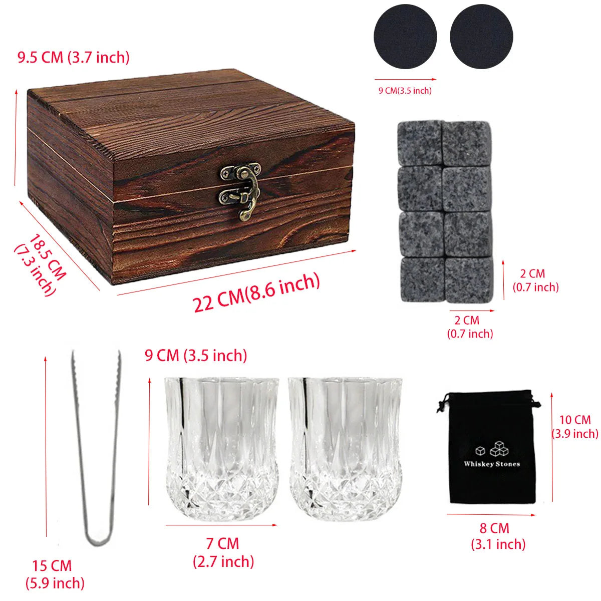Christmas Valentine's Whiskey Gift for Men Father's Present Whiskey Stones Glasses Set Whisky Wooden Box With Granite Ice Cube
