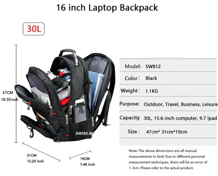 Svart 30L ryggsäck med ventilationsplatta, flera fack och vadderat laptopfack upp till 16 tum.