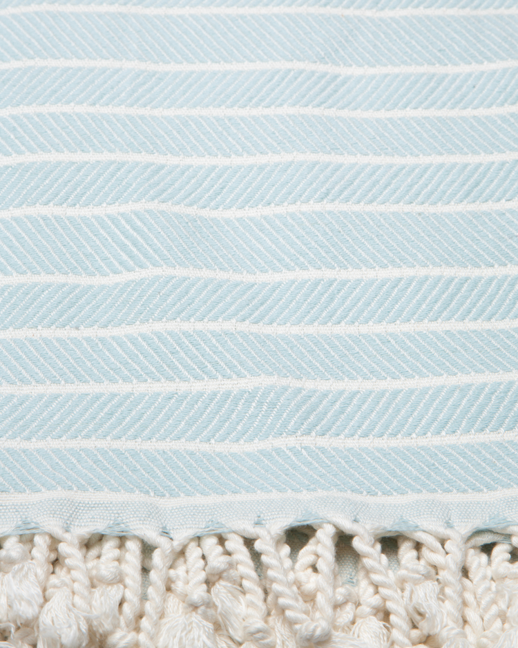 Mintgrön hammamhandduk i bomull och bambu med vita ränder och fransar i kanten.