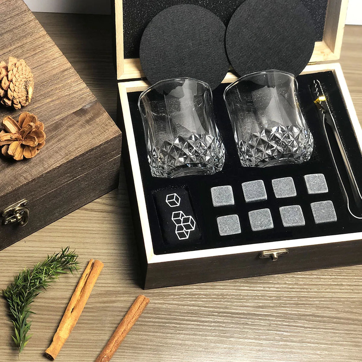 Christmas Valentine's Whiskey Gift for Men Father's Present Whiskey Stones Glasses Set Whisky Wooden Box With Granite Ice Cube