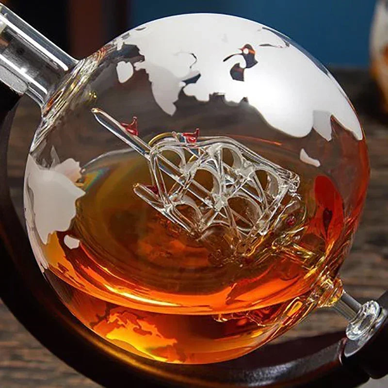 Creative Globe Decanter Set With Lead-Free Carafe Exquisite Wood-Stand and 2 Whisky Glasses Whiskey Decanter Globe Grade Gift