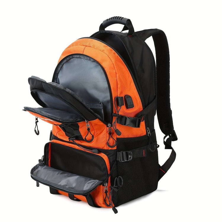 Orange vandringsryggsäck 50L i slitstark polyester med flera fack och justerbara remmar.