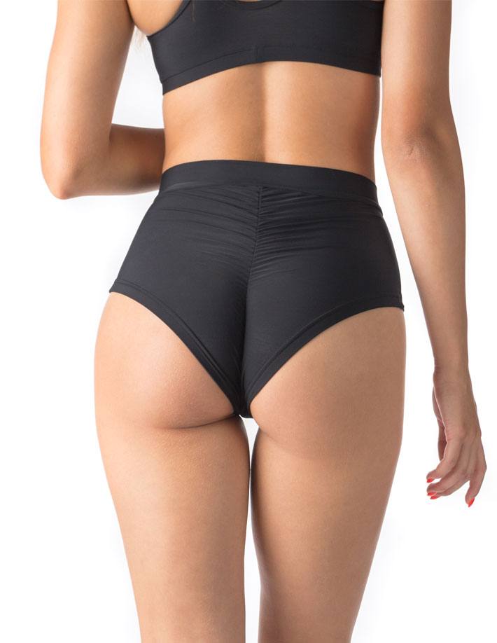 Svarta träningsshorts med scrunch-detalj och hög midja, figurnära passform.