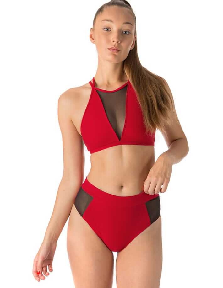 Röd sport-bikini med svart mesh i mitten och på sidor, hög midja och halterneck-design.