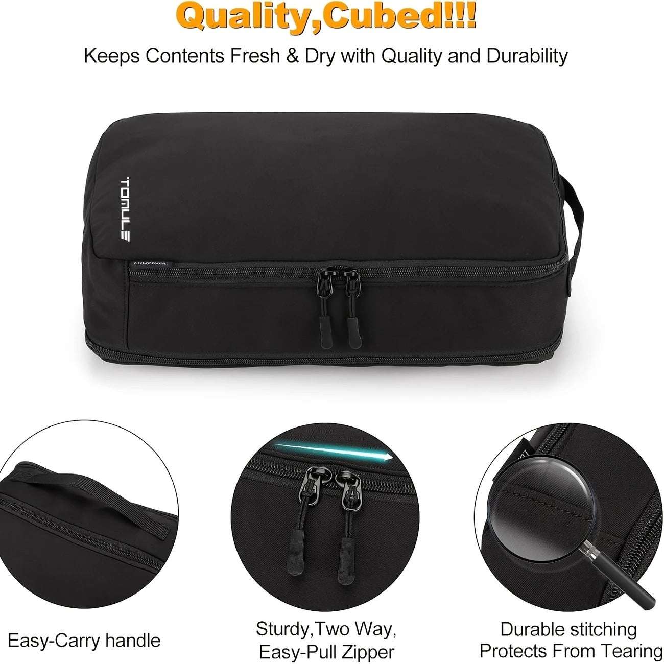 Svart resekub i nylon med dubbla dragkedjor och bärhandtag, robust sömnad.