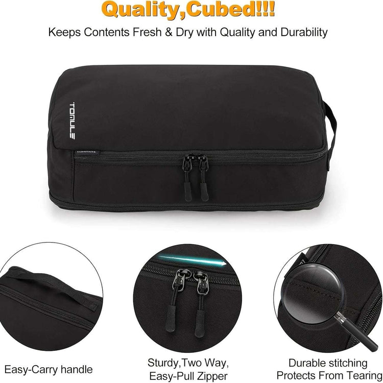 Svart resekub i nylon med dubbla dragkedjor och bärhandtag, robust sömnad.