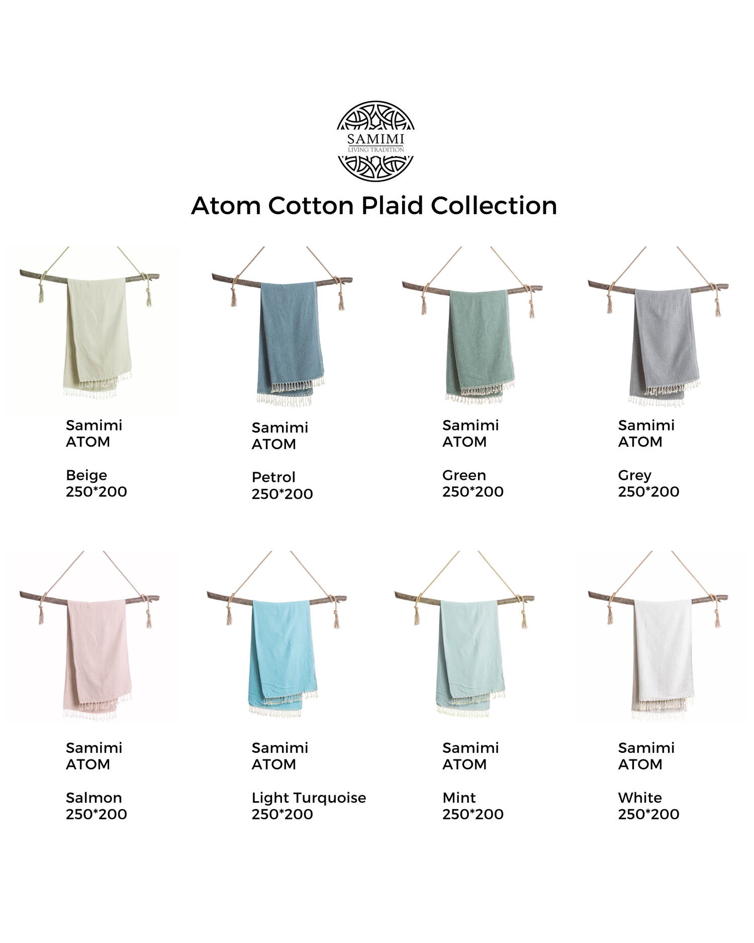 Stor mintgrön hammamhandduk i bomull med vit randig plaiddesign, upphängd på träspett.