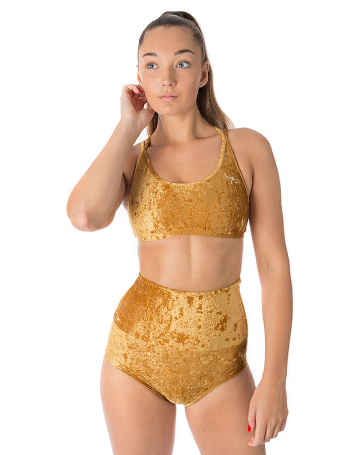 Bronzefärgad sammet tränings-bh med breda axelband och mjuk passform.