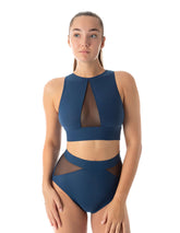 Mörkblå sportbh med hög krage och meshpanel framtill i aktiv stil.