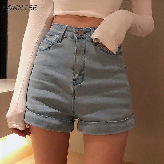 Shorts Dam Sommar Korean Chic Retro High Waist Slim Womens