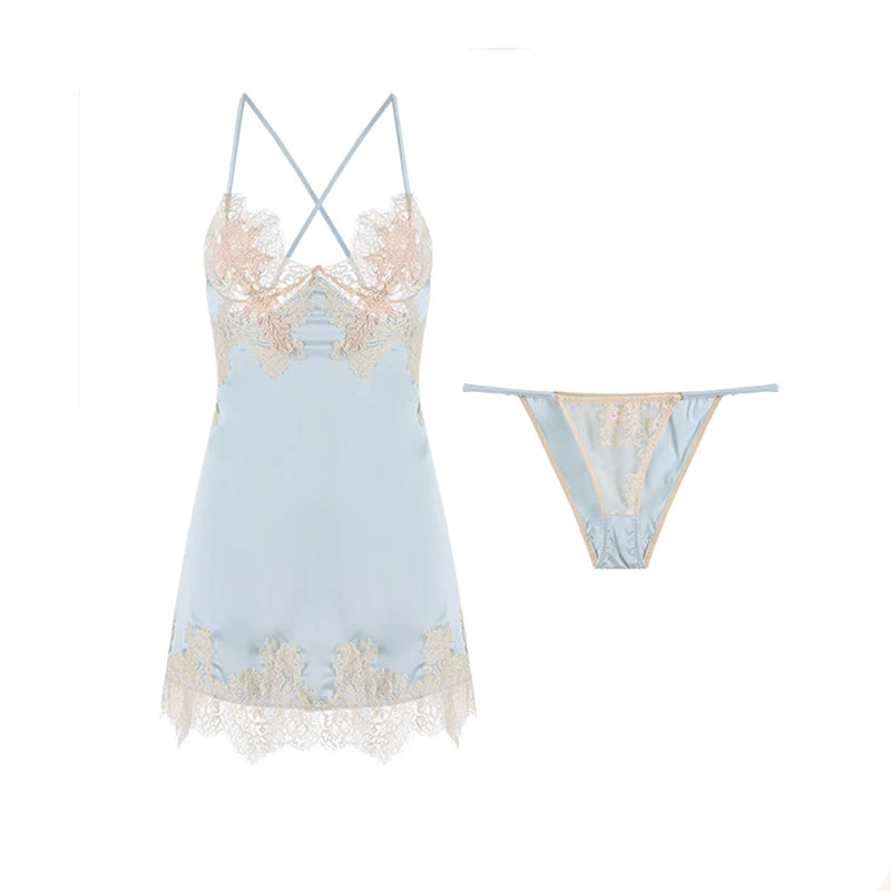 Plus Size Silk Lace Nightdress With Hollow Back Bandage