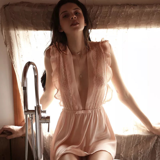 Leaf Lace Satin Ruffle Nightgown: Sheer Seduction