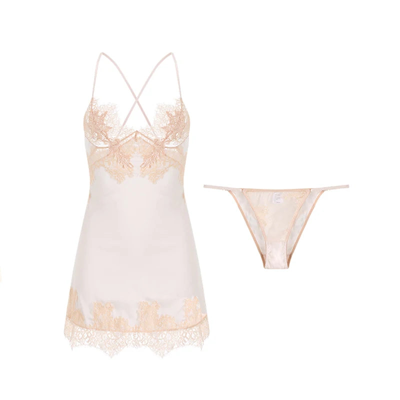Plus Size Silk Lace Nightdress With Hollow Back Bandage