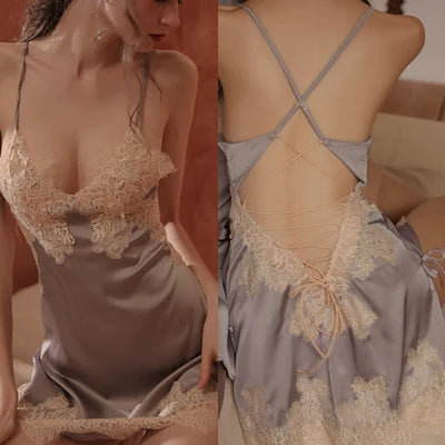 Plus Size Silk Lace Nightdress With Hollow Back Bandage