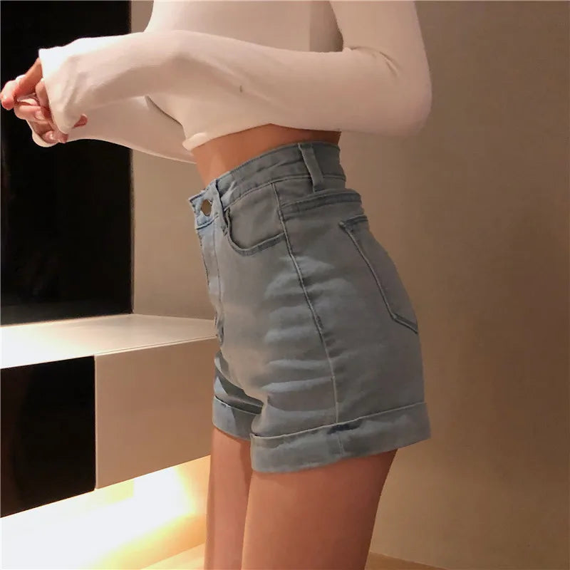 Shorts Dam Sommar Korean Chic Retro High Waist Slim Womens