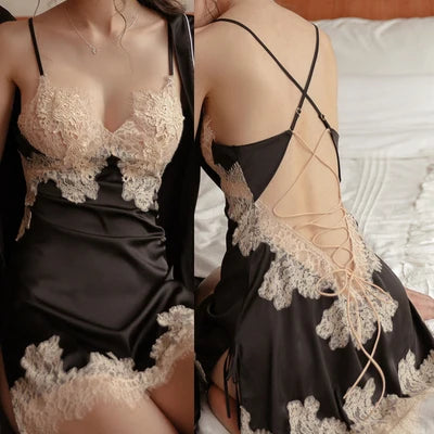 Plus Size Silk Lace Nightdress With Hollow Back Bandage
