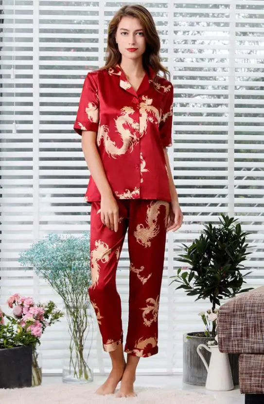 Couple Silk Satin Pajamas Pyjamas Set Long Sleeve