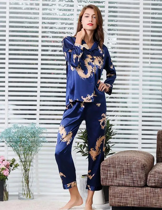 Couple Silk Satin Pajamas Pyjamas Set Long Sleeve