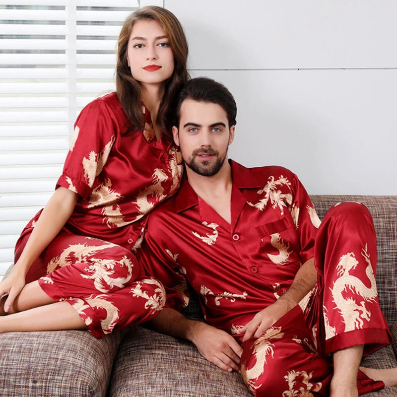 Couple Silk Satin Pajamas Pyjamas Set Long Sleeve