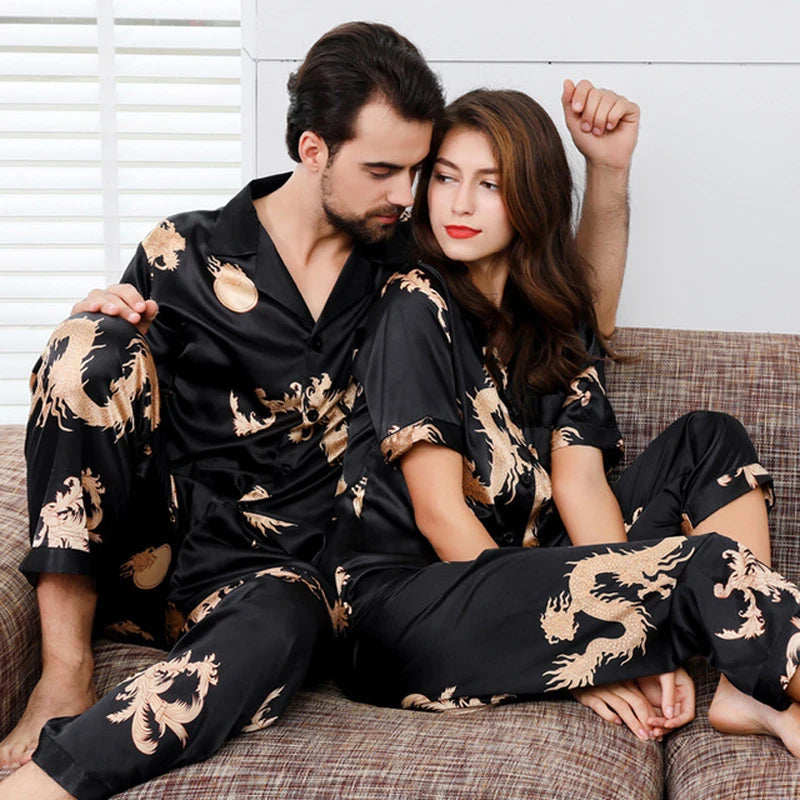 Couple Silk Satin Pajamas Pyjamas Set Long Sleeve