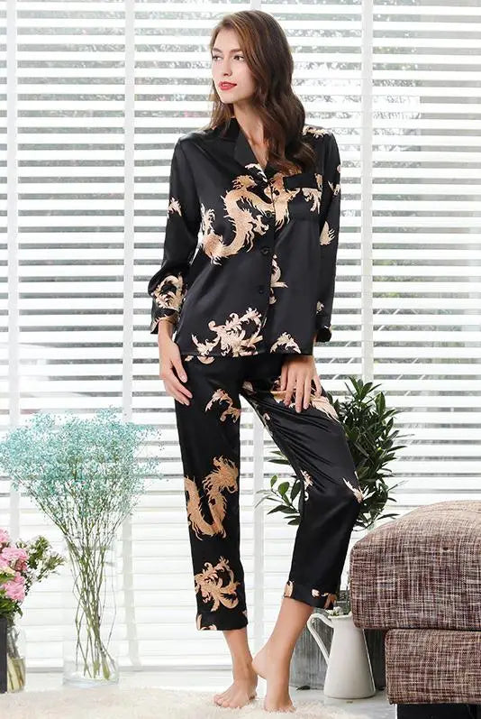 Couple Silk Satin Pajamas Pyjamas Set Long Sleeve
