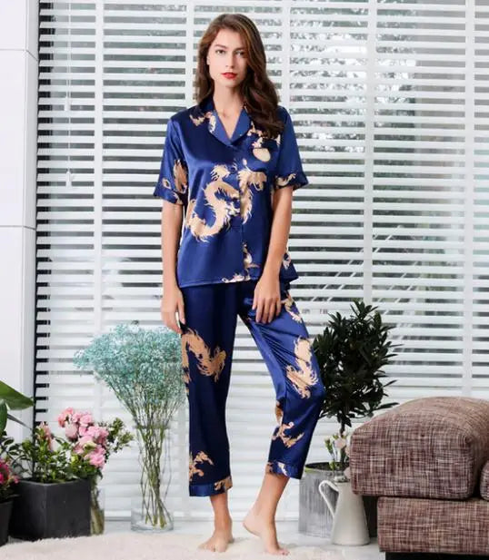 Couple Silk Satin Pajamas Pyjamas Set Long Sleeve