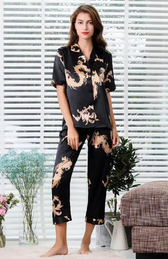 Couple Silk Satin Pajamas Pyjamas Set Long Sleeve