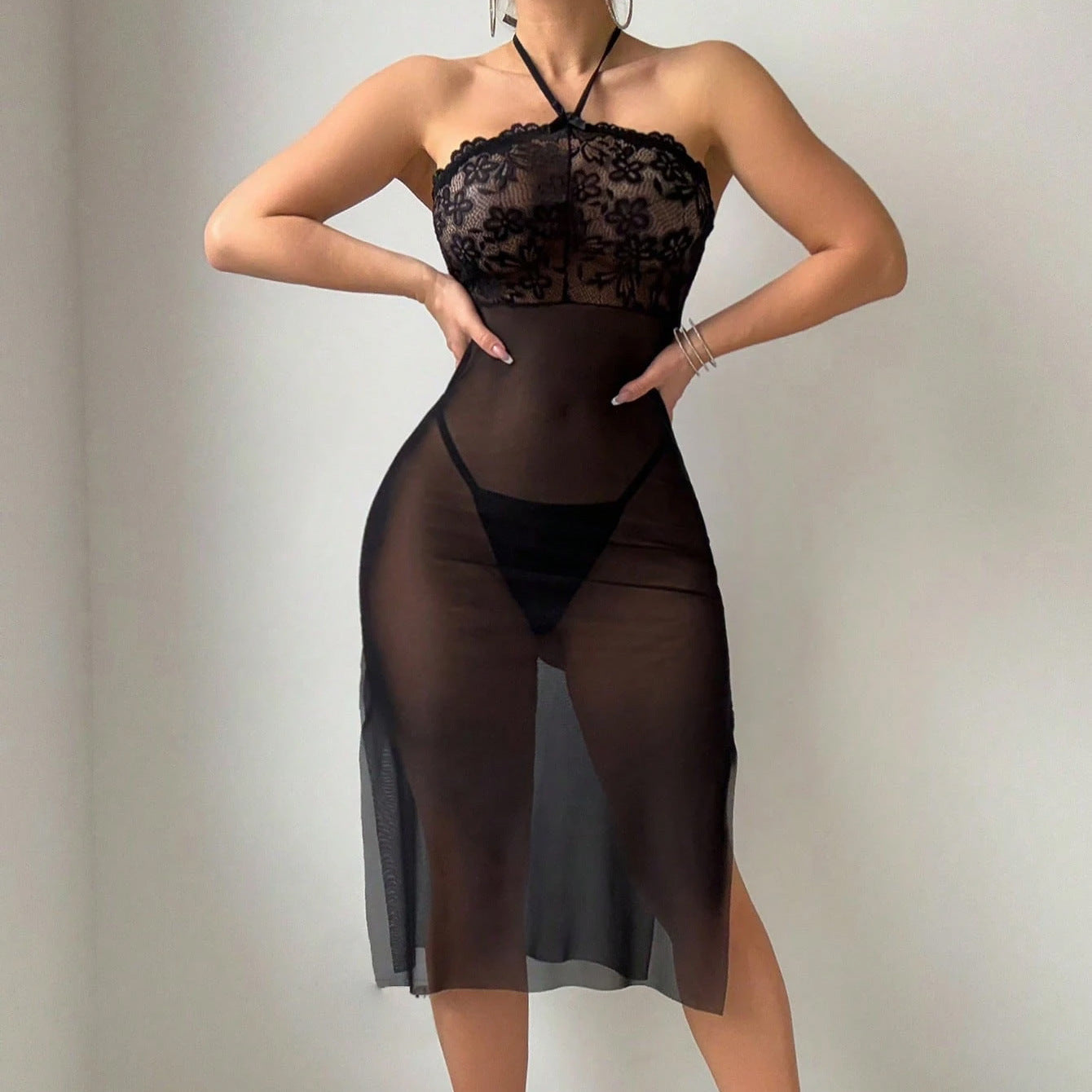 Greenwich Sheer Lace Halter Lingerie Dress