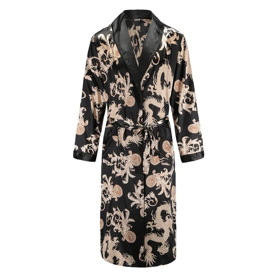 Mens Robe Long Sleeves Bathrobe Silky Satin  Kimono Dragon