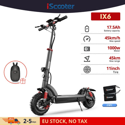 IScooter iX6 11 tums två hjul 1000w 17,5ah 45km/h Vuxen elektrisk skoter 