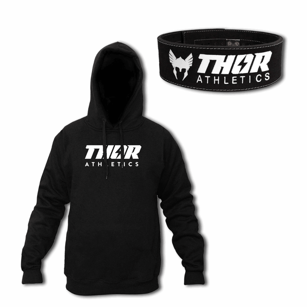 Svart träningshoodie med huva och vit THOR Athletics-logga fram, matchande svart lyftbälte med vitt THOR-märke.