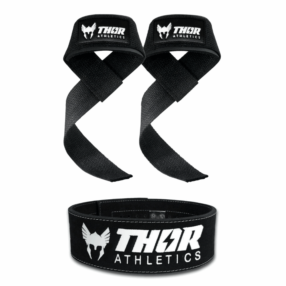 Svart lyftband och bälte med vit Thor Athletics-logotyp, elastiskt och slitstarkt material.