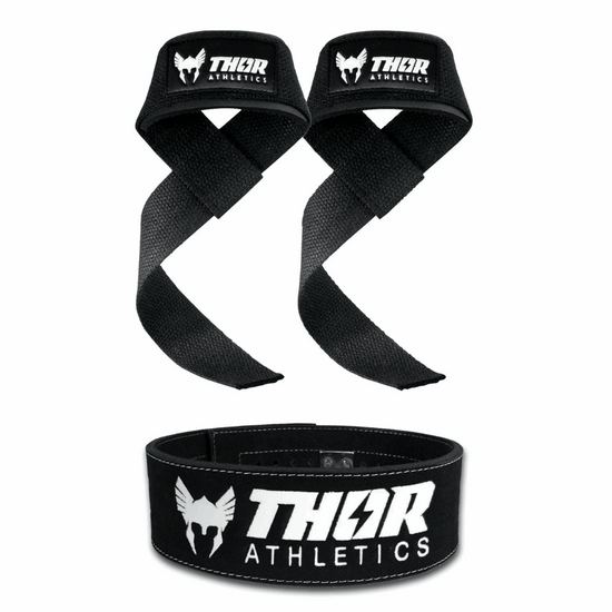 Svart lyftband och bälte med vit Thor Athletics-logotyp, elastiskt och slitstarkt material.