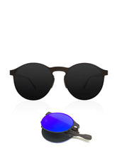 Runda vikbara svarta solglasögon med tonade spegelglas och tunn båge i metall.