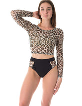 Leopardmönstrad långärmad crop top i tunn mesh med rund halsringning.