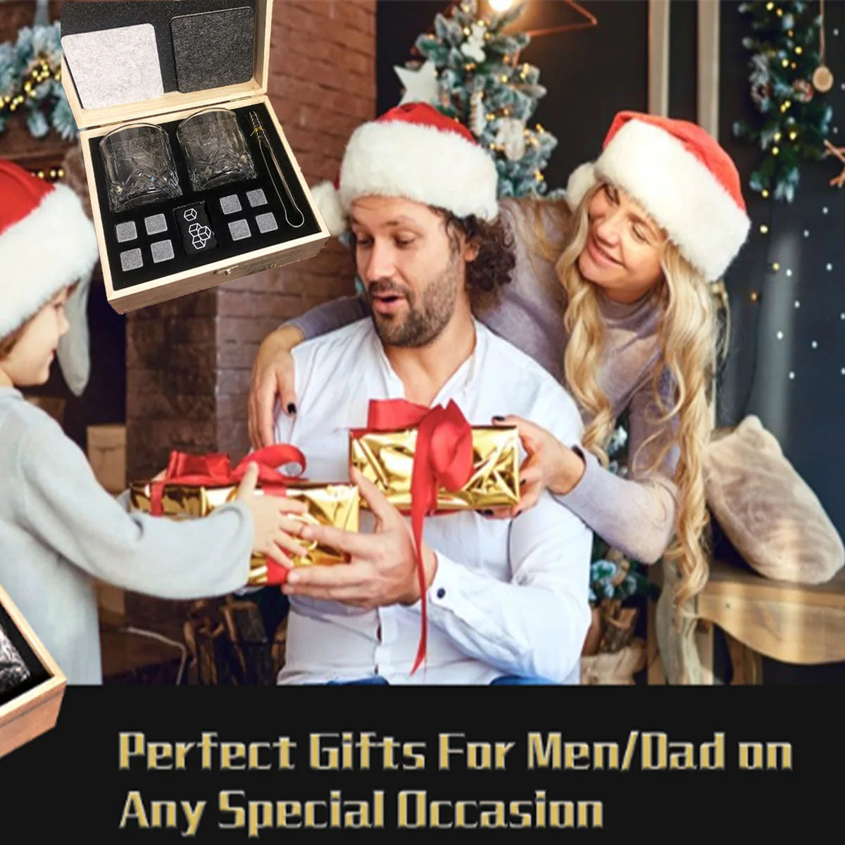 Christmas Valentine's Whiskey Gift for Men Father's Present Whiskey Stones Glasses Set Whisky Wooden Box With Granite Ice Cube