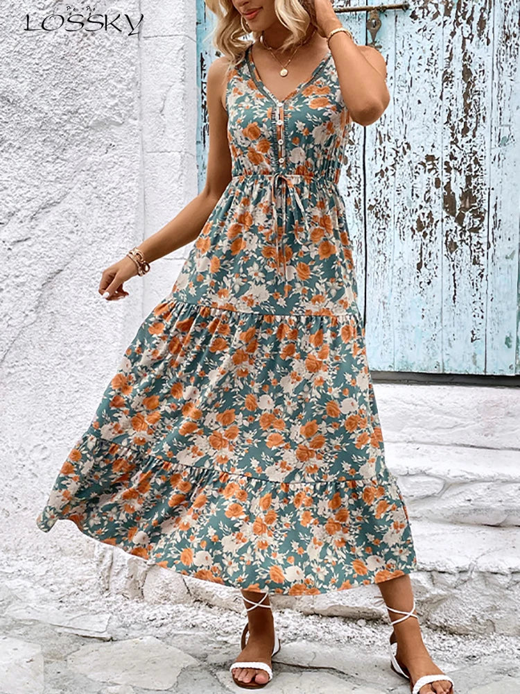 Elegant Floral Long Dress Women Summer