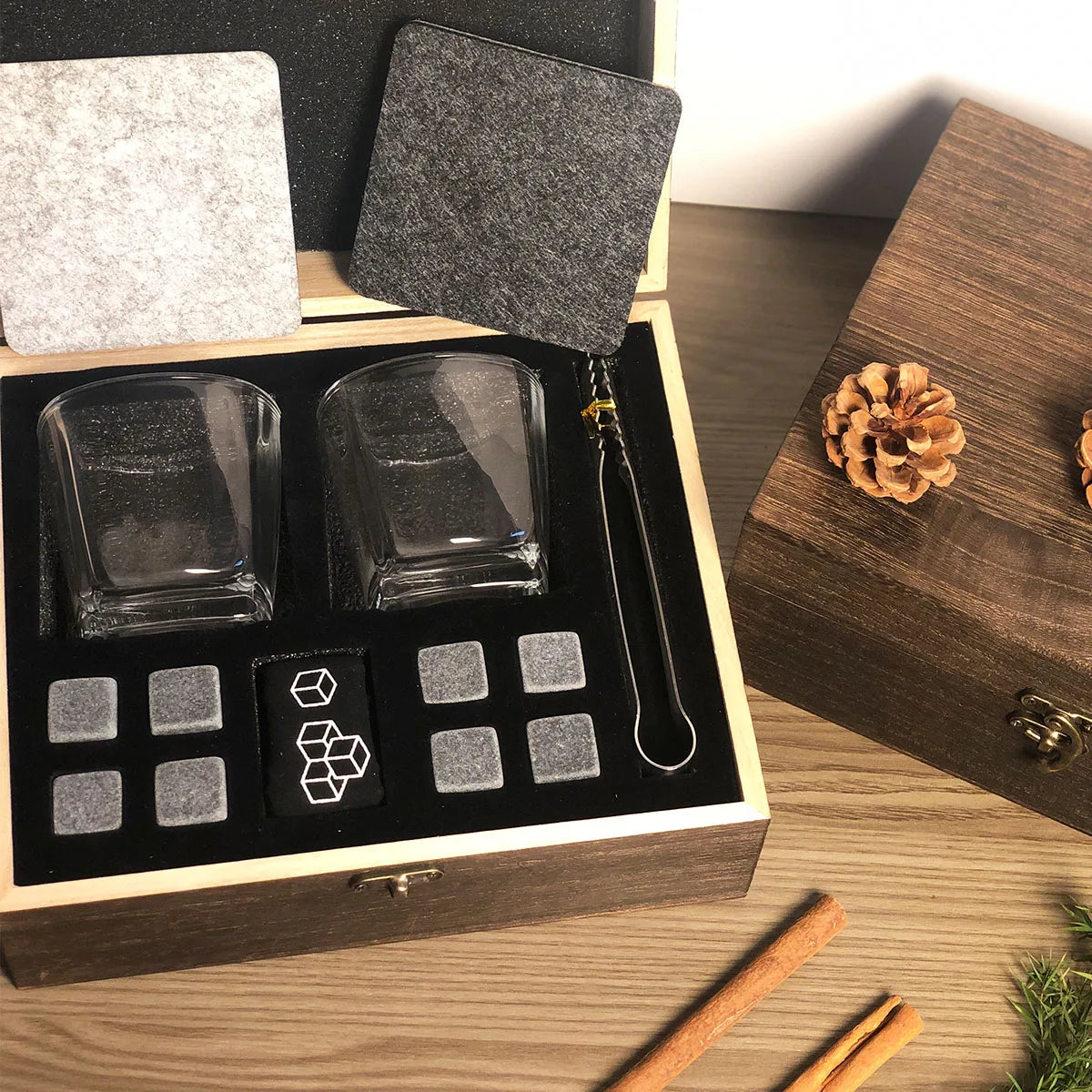 Christmas Valentine's Whiskey Gift for Men Father's Present Whiskey Stones Glasses Set Whisky Wooden Box With Granite Ice Cube