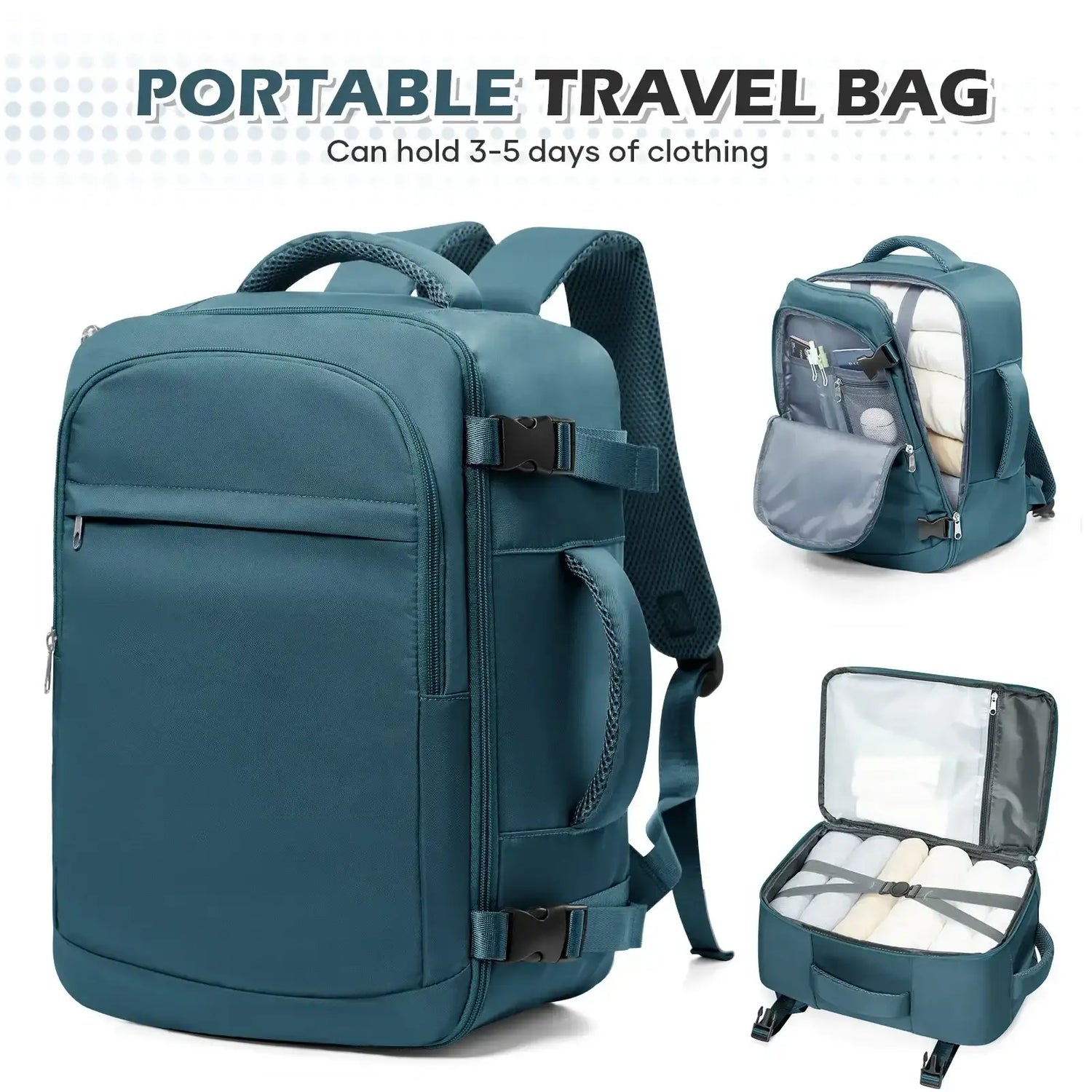 Kabinväska ryggsäck i påfågelblå nylon med flera fickor och justerbara remmar, öppen med packning synlig.