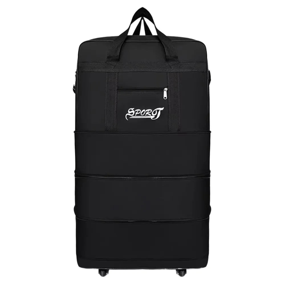 Svart expandera rullväska i vattenavvisande oxfordtyg med handtag och frontficka.