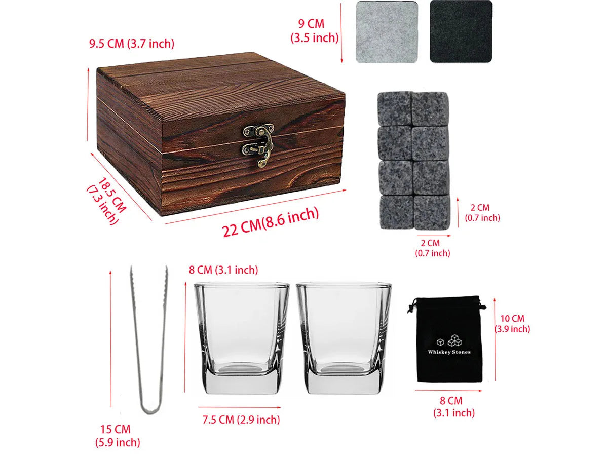 Christmas Valentine's Whiskey Gift for Men Father's Present Whiskey Stones Glasses Set Whisky Wooden Box With Granite Ice Cube