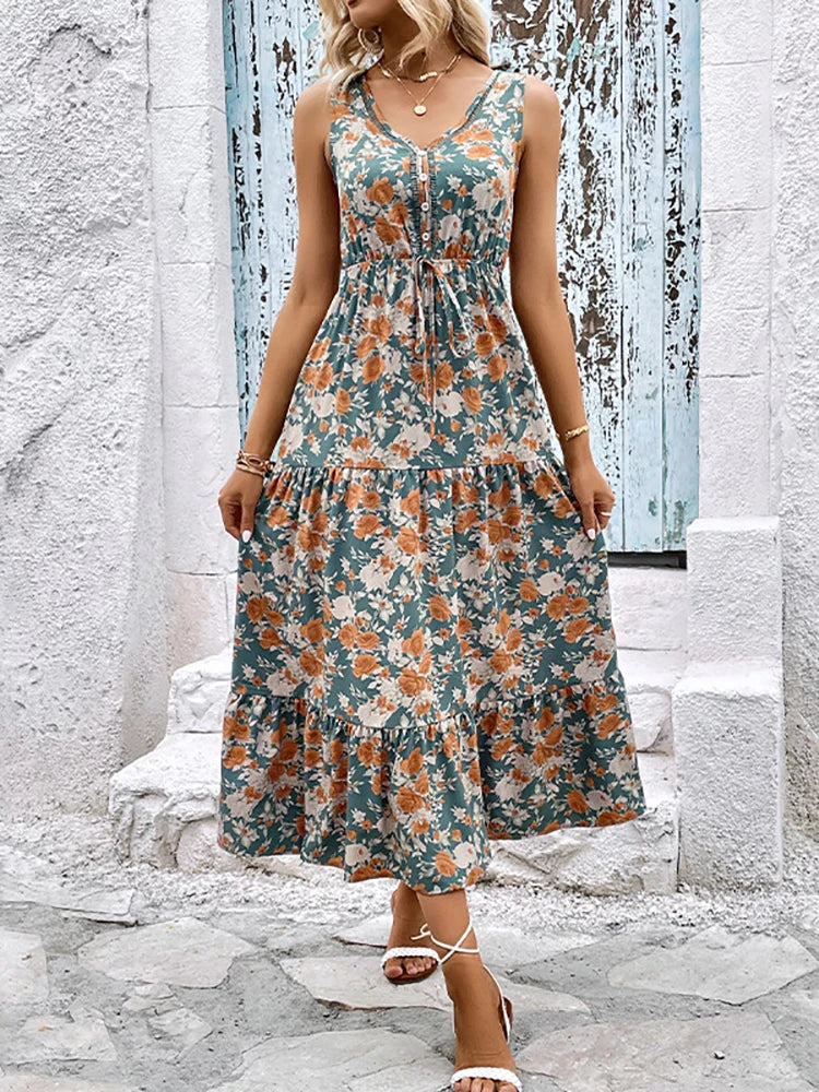 Elegant Floral Long Dress Women Summer