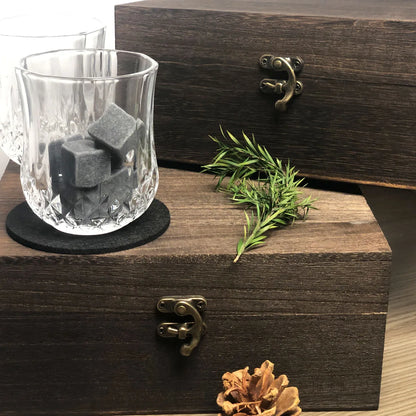 Christmas Valentine's Whiskey Gift for Men Father's Present Whiskey Stones Glasses Set Whisky Wooden Box With Granite Ice Cube
